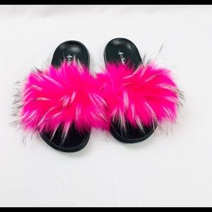 Pink Raccoon Fur Slides